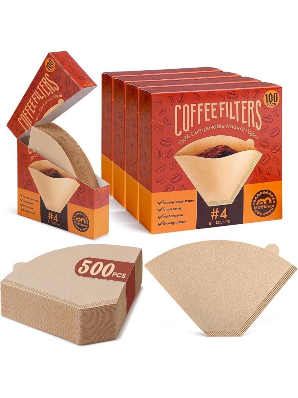 500 Unbleached Cone Coffee Filters #4 for 8-12 Cup Brewing - Eco-Friendly